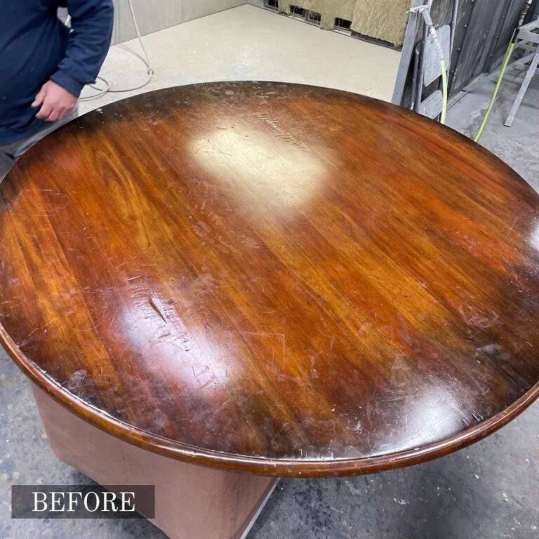 A scratched-up coffee table before and after surface refinishing to show how the scratches were removed and repaired in Adelaide.