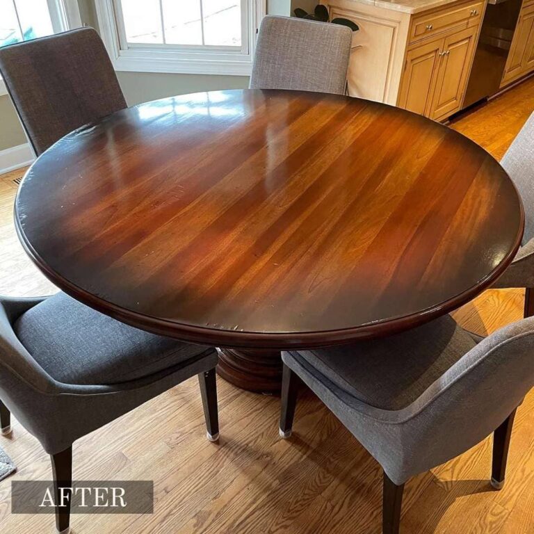 A scratched-up coffee table before and after surface refinishing to show how the scratches were removed and repaired in Adelaide.