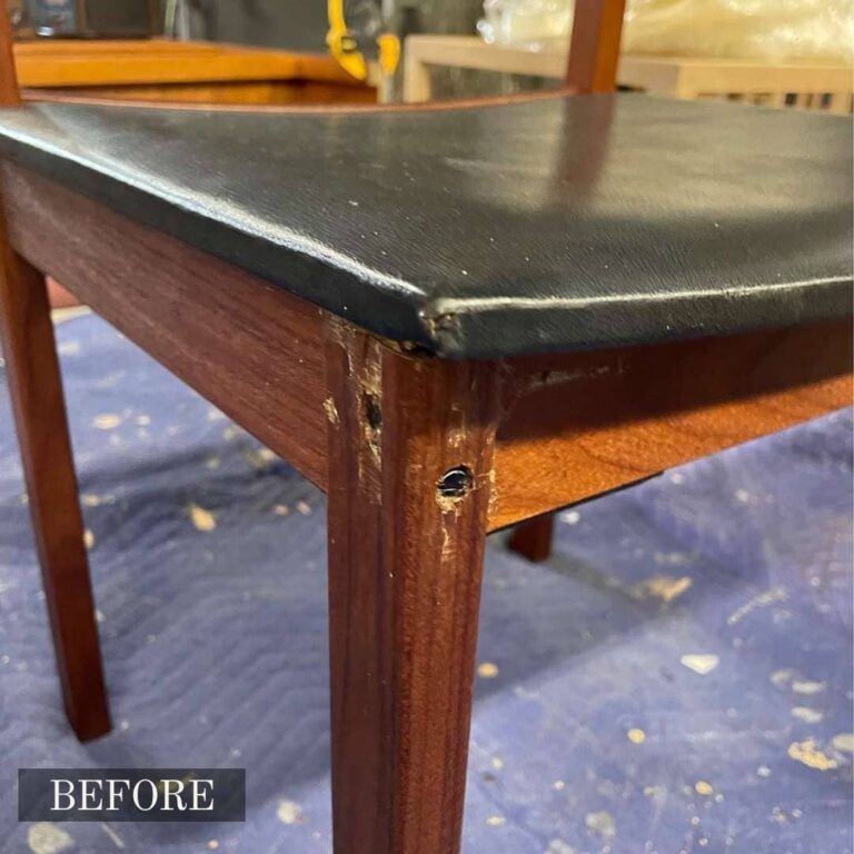 Dining table leg repair in Adelaide showing before and after images of a damaged wooden leg restored seamlessly.