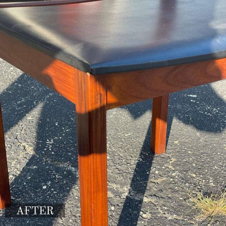 Dining table leg repair in Adelaide showing before and after images of a damaged wooden leg restored seamlessly.