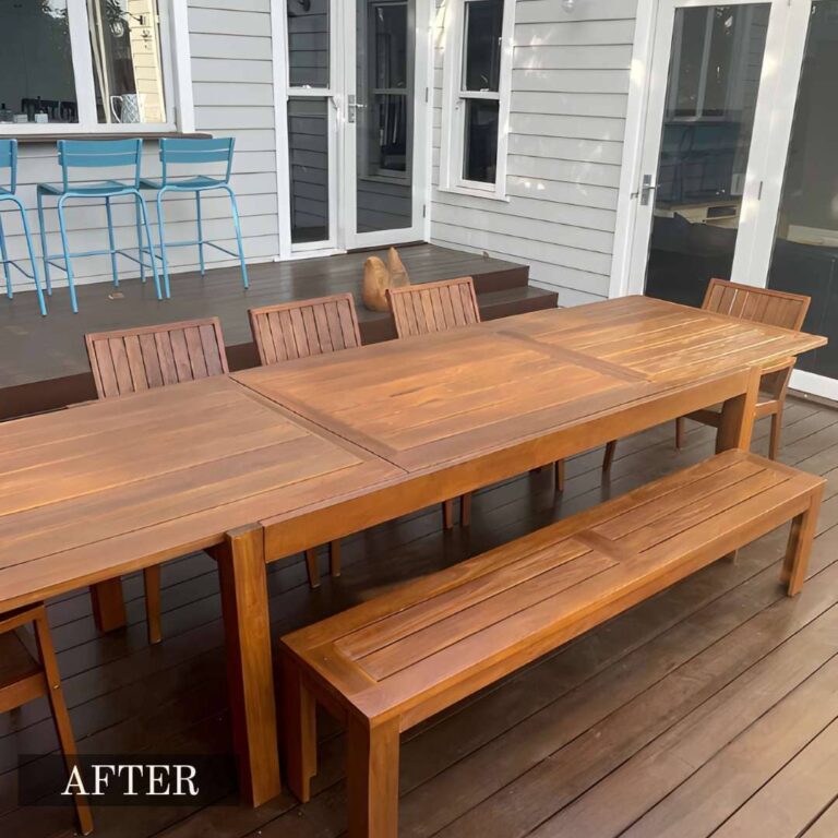 Restored timber outdoor dining set in Adelaide backyard – refinished for a fresh and modern look.