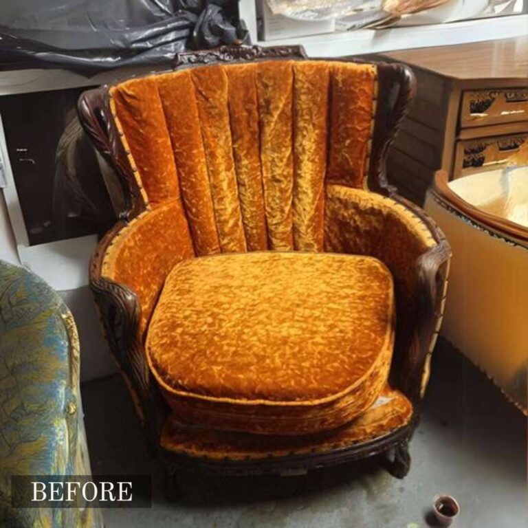 Antique chair restoration in Adelaide, featuring a vintage wooden armchair reupholstered and polished to its original beauty.