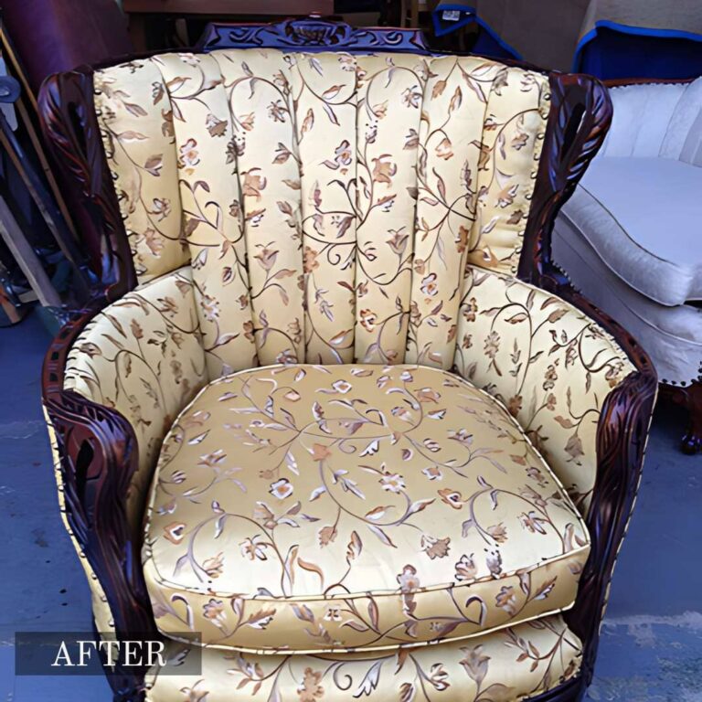 Antique chair restoration in Adelaide, featuring a vintage wooden armchair reupholstered and polished to its original beauty.