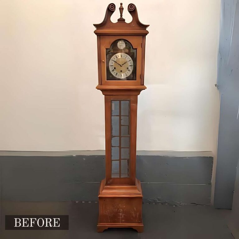 Grandfather clock restoration in Adelaide, displaying a broken clock fully repaired and restored to working order.