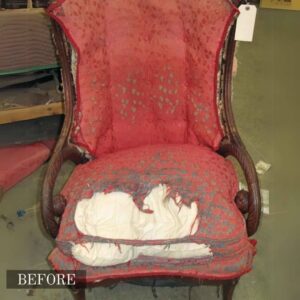 Antique velvet chair reupholstery in Adelaide, showing a worn chair restored with fresh fabric while maintaining its antique charm.