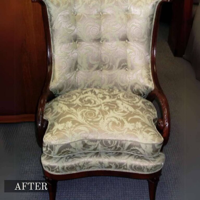 Antique velvet chair reupholstery in Adelaide, showing a worn chair restored with fresh fabric while maintaining its antique charm.