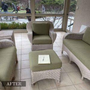 Outdoor furniture cushion replacement – before and after images of newly replaced cushions.