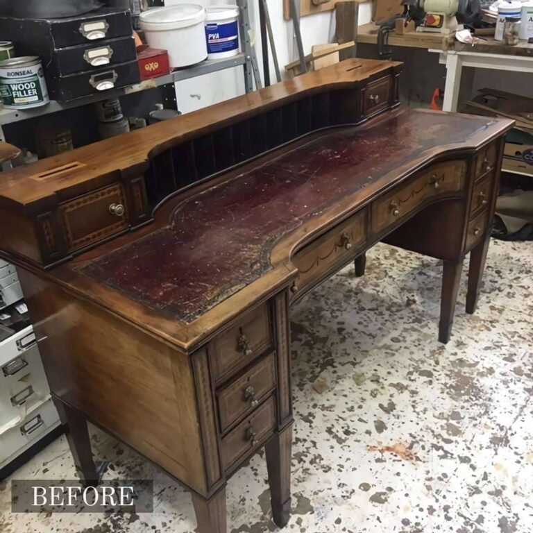 Antique writing desk restoration in Adelaide, featuring the desk before and after being restored with a new sheen and improved structure.