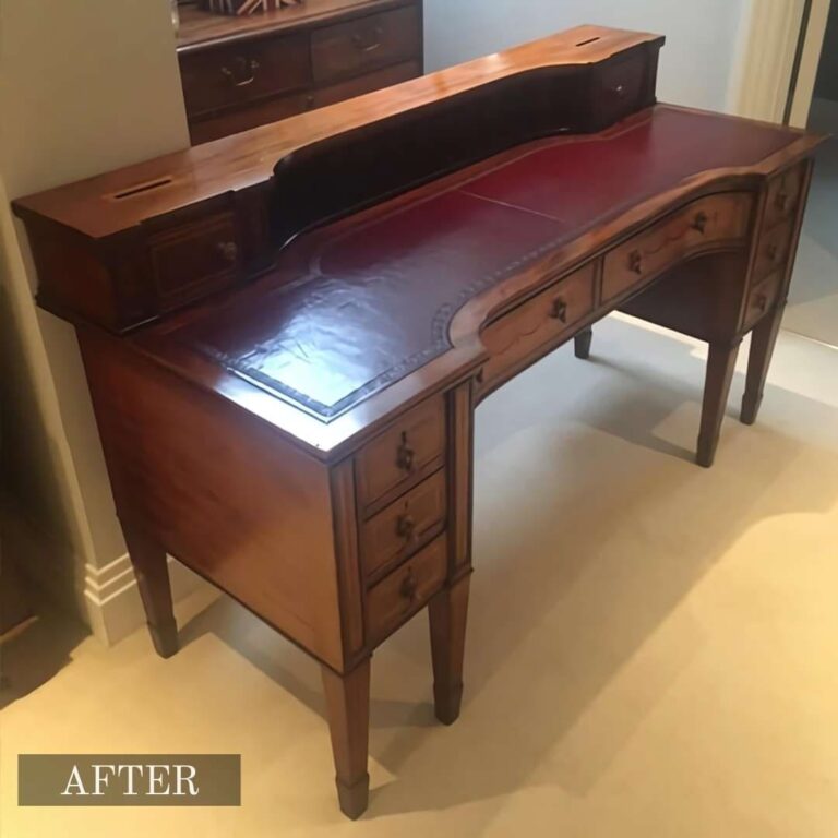 Antique writing desk restoration in Adelaide, featuring the desk before and after being restored with a new sheen and improved structure.