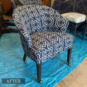 Armchair upholstery repair in Adelaide, featuring frayed fabric edges restored to a professional finish.