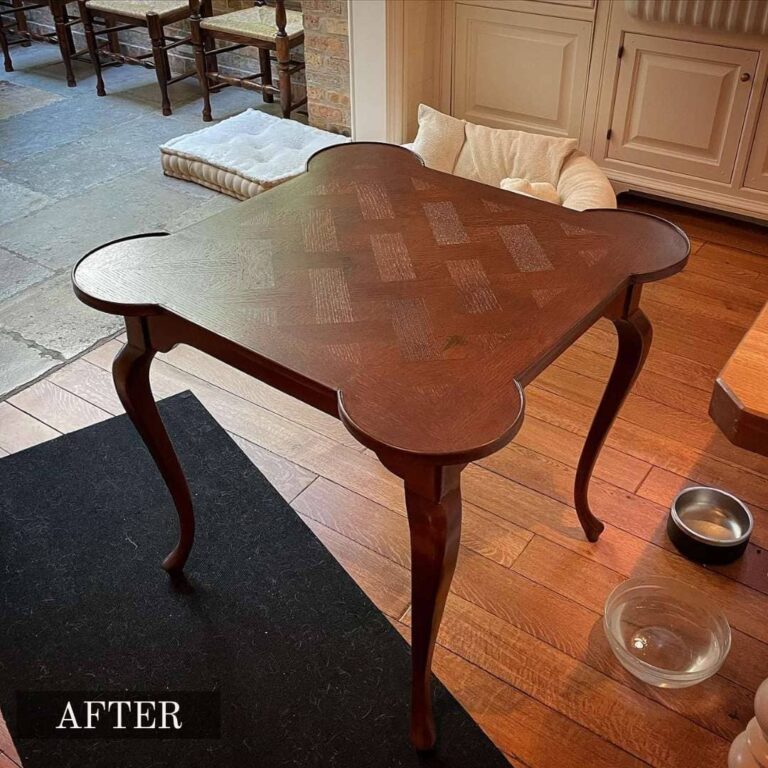 Wooden dining set refinishing in Adelaide, showcasing a faded and scratched set restored to a polished, rich wooden finish.