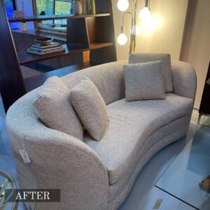 Modern velvet chair reupholstery in Adelaide, showing a worn chair restored with fresh fabric while maintaining its modern charm.